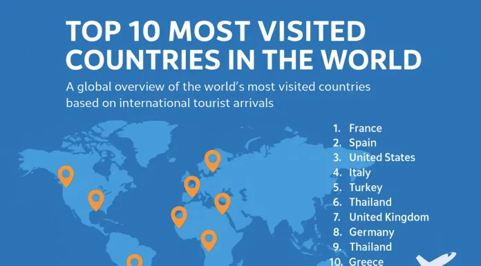 Map and landmarks representing the top 10 most visited countries in the world based on global tourism rankings.