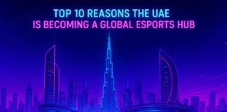 Dubai skyline with esports players in a futuristic gaming arena.