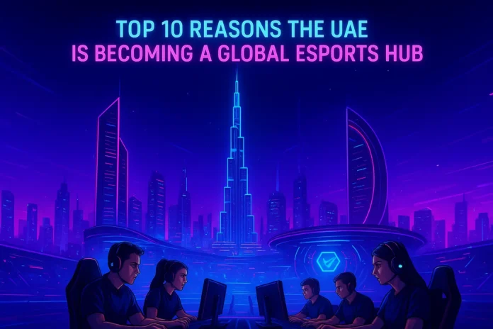 Dubai skyline with esports players in a futuristic gaming arena.