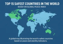 World map highlighting the safest countries according to peace and stability rankings.