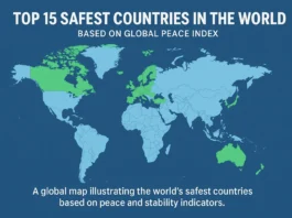 World map highlighting the safest countries according to peace and stability rankings.