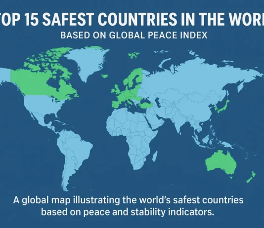 World map highlighting the safest countries according to peace and stability rankings.