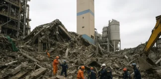 Rescue teams are working at the collapsed Ulsan power plant site in South Korea.