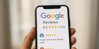 Hand holding a mobile phone showing Google reviews stars and comments
