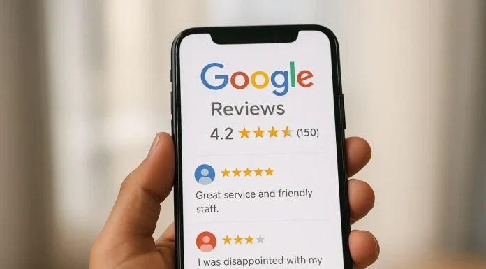 Hand holding a mobile phone showing Google reviews stars and comments