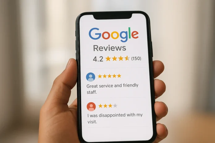 Hand holding a mobile phone showing Google reviews stars and comments