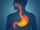 Medical illustration of GERD showing chronic acid reflux damaging the esophagus.