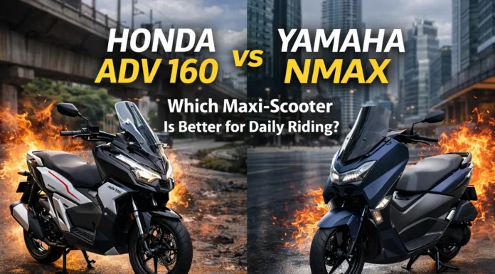 The Honda ADV 160 and Yamaha NMAX sit side by side, letting you easily spot the differences in design, usability, and features.
