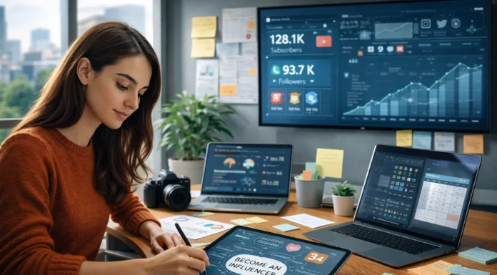 Content creator planning social media strategy on a digital workspace, representing how to become an influencer.