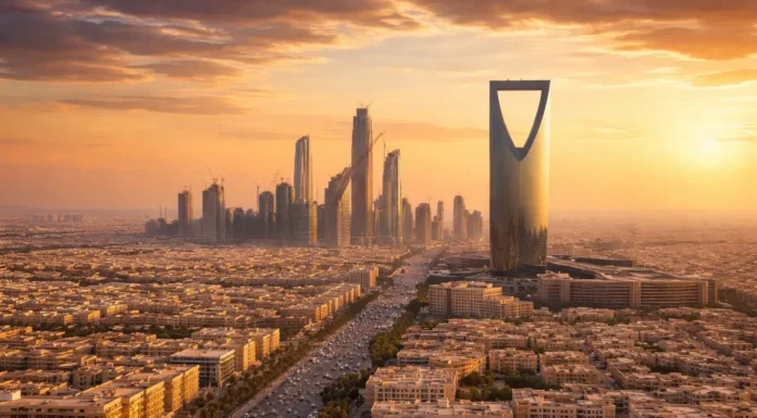 The Riyadh skyline symbolizes the vital economic, climate, and social challenges facing Saudi Arabia today.