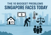 Illustration of Singapore cityscape with symbols of housing, cost of living, ageing, and climate challenges.