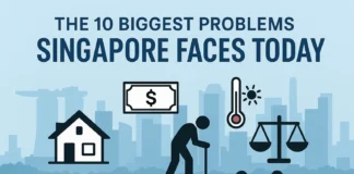 Illustration of Singapore cityscape with symbols of housing, cost of living, ageing, and climate challenges.