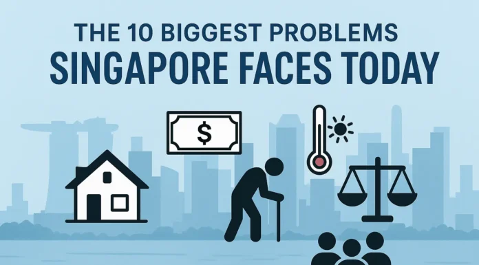 Illustration of Singapore cityscape with symbols of housing, cost of living, ageing, and climate challenges.