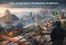 Brazil city skyline highlighting inequality, urban density, and environmental challenges.