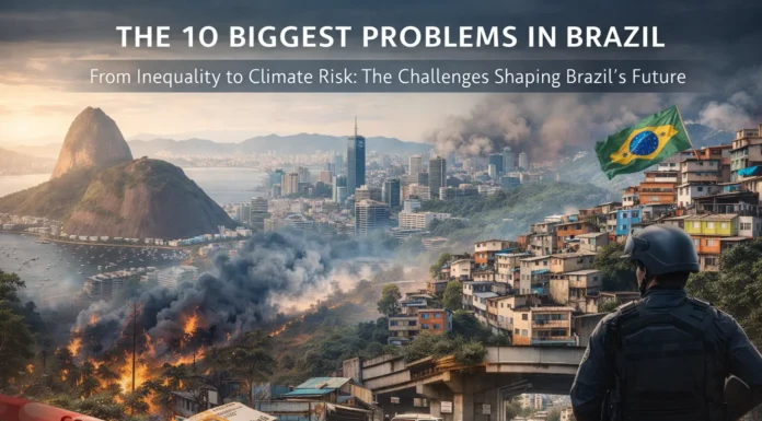 Brazil city skyline highlighting inequality, urban density, and environmental challenges.