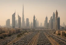 The Dubai skyline highlights skyscrapers, traffic congestion, and urban development challenges.