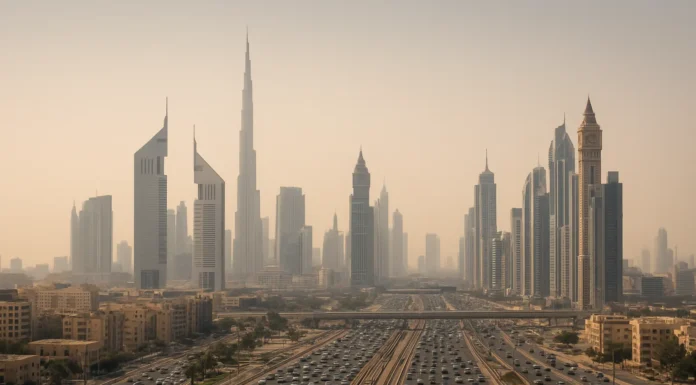The Dubai skyline highlights skyscrapers, traffic congestion, and urban development challenges.