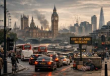 A wide-angle view of the London cityscape showing traffic, high-rise buildings, and urban congestion