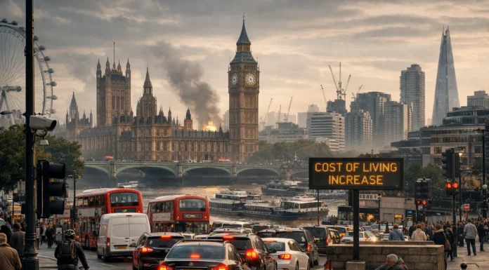 A wide-angle view of the London cityscape showing traffic, high-rise buildings, and urban congestion