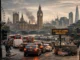 A wide-angle view of the London cityscape showing traffic, high-rise buildings, and urban congestion