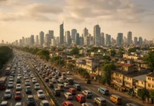 Manila skyline with traffic jams, crowded streets, and urban density.