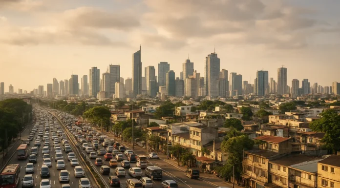 Manila skyline with traffic jams, crowded streets, and urban density.