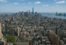 The skyline of New York City illustrates challenges such as overcrowding, traffic jams, and infrastructure strain.