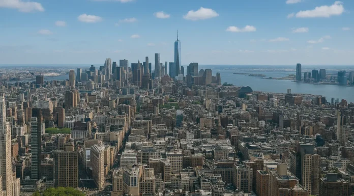 The skyline of New York City illustrates challenges such as overcrowding, traffic jams, and infrastructure strain.