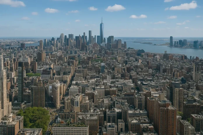 The skyline of New York City illustrates challenges such as overcrowding, traffic jams, and infrastructure strain.