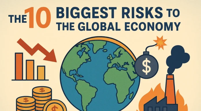 Global economy risk concept showing inflation charts, war, climate disasters, and financial instability