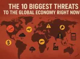 Illustration of global economic threats, including inflation, war, debt, banking stress, and climate disasters affecting the world economy.