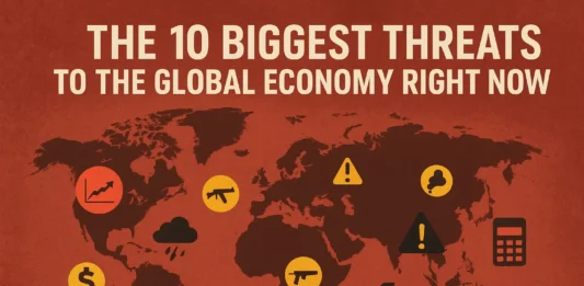 Illustration of global economic threats, including inflation, war, debt, banking stress, and climate disasters affecting the world economy.