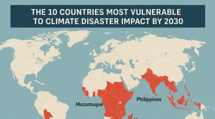 Map showing the countries most vulnerable to climate disasters by 2030.