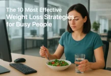 Busy professional practicing practical weight loss strategies: healthy meals, short exercise, and hydration tips for time-efficient fat loss.