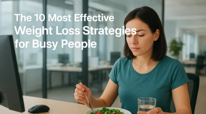 Busy professional practicing practical weight loss strategies: healthy meals, short exercise, and hydration tips for time-efficient fat loss.
