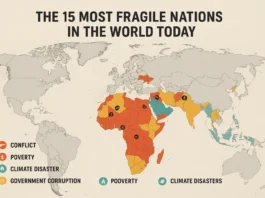 Map highlighting the most fragile nations globally, with indicators of conflict, population displacement, climate disasters, and institutional stress.