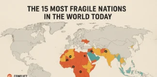 Map highlighting the most fragile nations globally, with indicators of conflict, population displacement, climate disasters, and institutional stress.