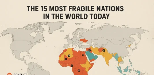 Map highlighting the most fragile nations globally, with indicators of conflict, population displacement, climate disasters, and institutional stress.