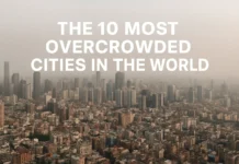 Aerial view of a crowded urban skyline, depicting high population density in major global cities.