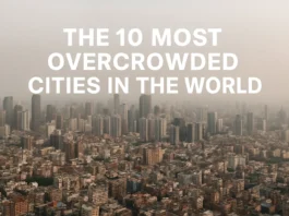 Aerial view of a crowded urban skyline, depicting high population density in major global cities.