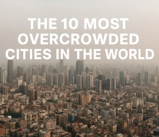 Aerial view of a crowded urban skyline, depicting high population density in major global cities.