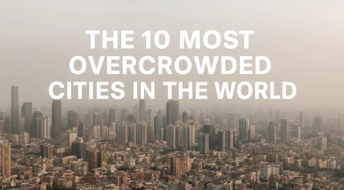The 10 Most Overcrowded Cities in the World Aerial view of a crowded urban skyline, depicting high population density in major global cities.