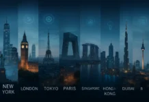 Skyline collage of the world’s most influential cities, including New York, London, Tokyo, and Dubai.
