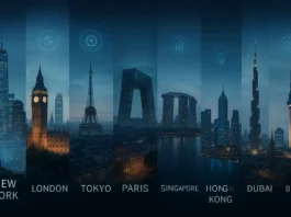 Skyline collage of the world’s most influential cities, including New York, London, Tokyo, and Dubai.