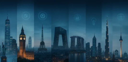 Skyline collage of the world’s most influential cities, including New York, London, Tokyo, and Dubai.