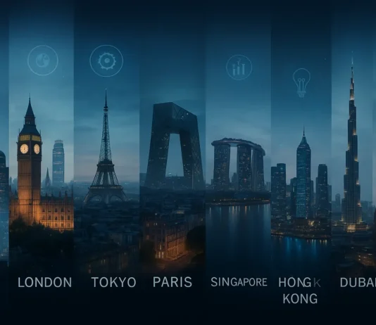 Skyline collage of the world’s most influential cities, including New York, London, Tokyo, and Dubai.