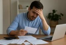 A person reviewing finances at a desk with bills, receipts, and a laptop, representing harmful money habits.