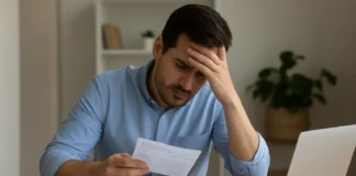 A person reviewing finances at a desk with bills, receipts, and a laptop, representing harmful money habits.