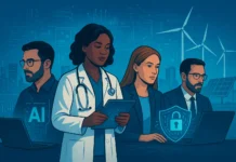 futuristic workplace collage showing professionals in AI, healthcare, cybersecurity, and renewable energy