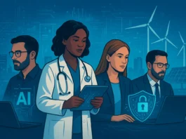 futuristic workplace collage showing professionals in AI, healthcare, cybersecurity, and renewable energy